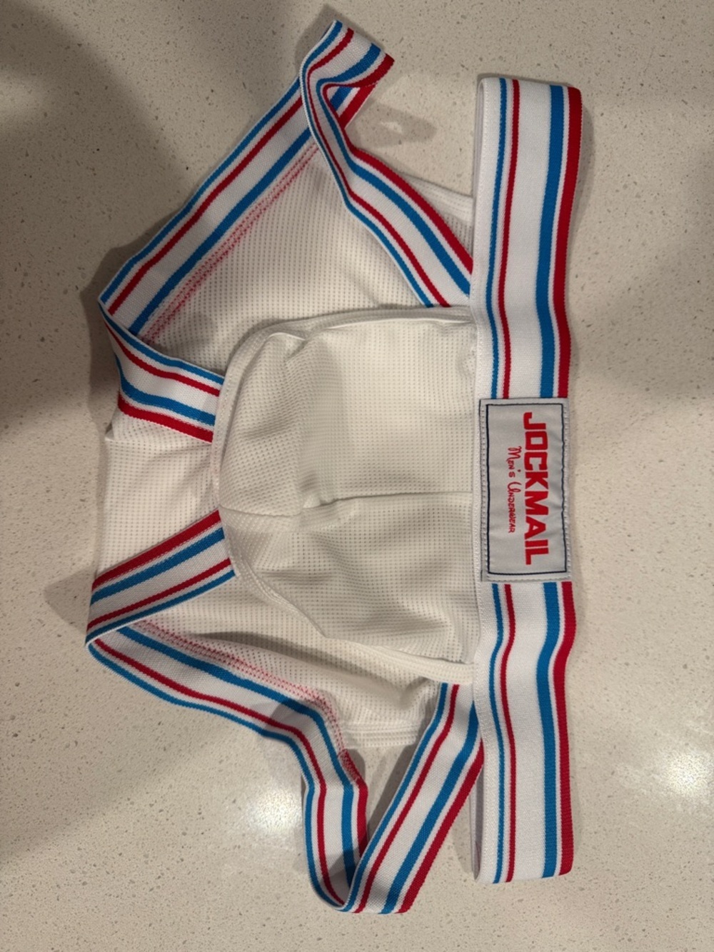 White Mesh Athletic Jockstrap with Red & Blue Striped Waistband